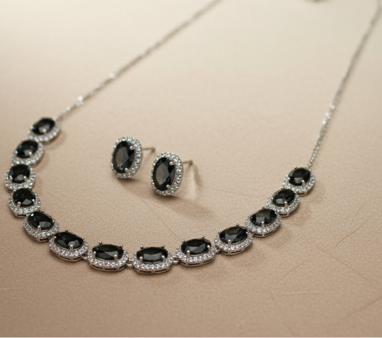 Elegant Oval-Cut Gemstone Necklace Earring Set